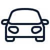 Schwarzweiße Ikone eines Autos von vorne mit zwei Scheinwerfern.