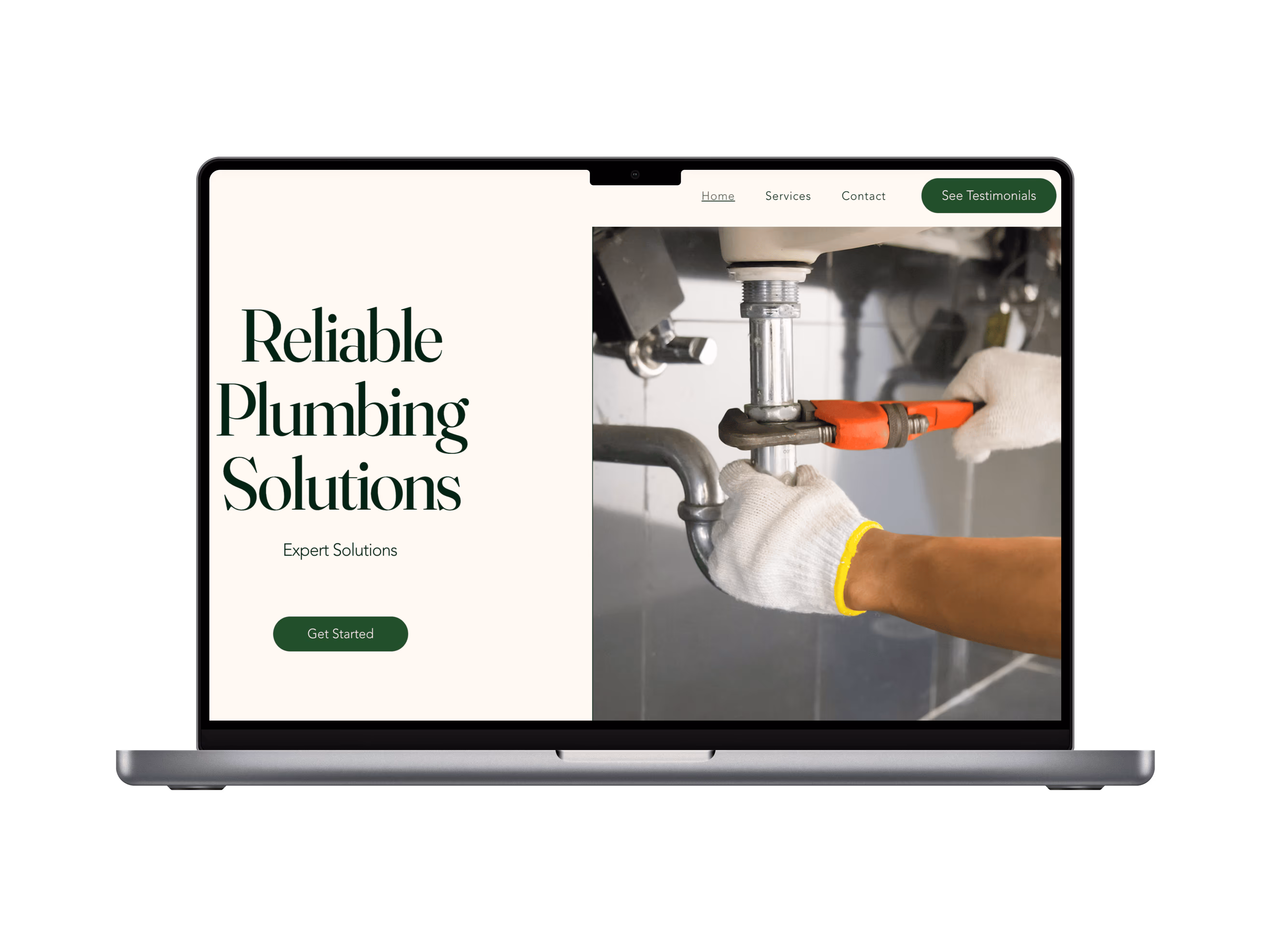Reliable Plumbing Solutions website homepage displayed on MacBook Pro mockup, featuring split layout with serif heading and plumber fixing pipes beneath a sink