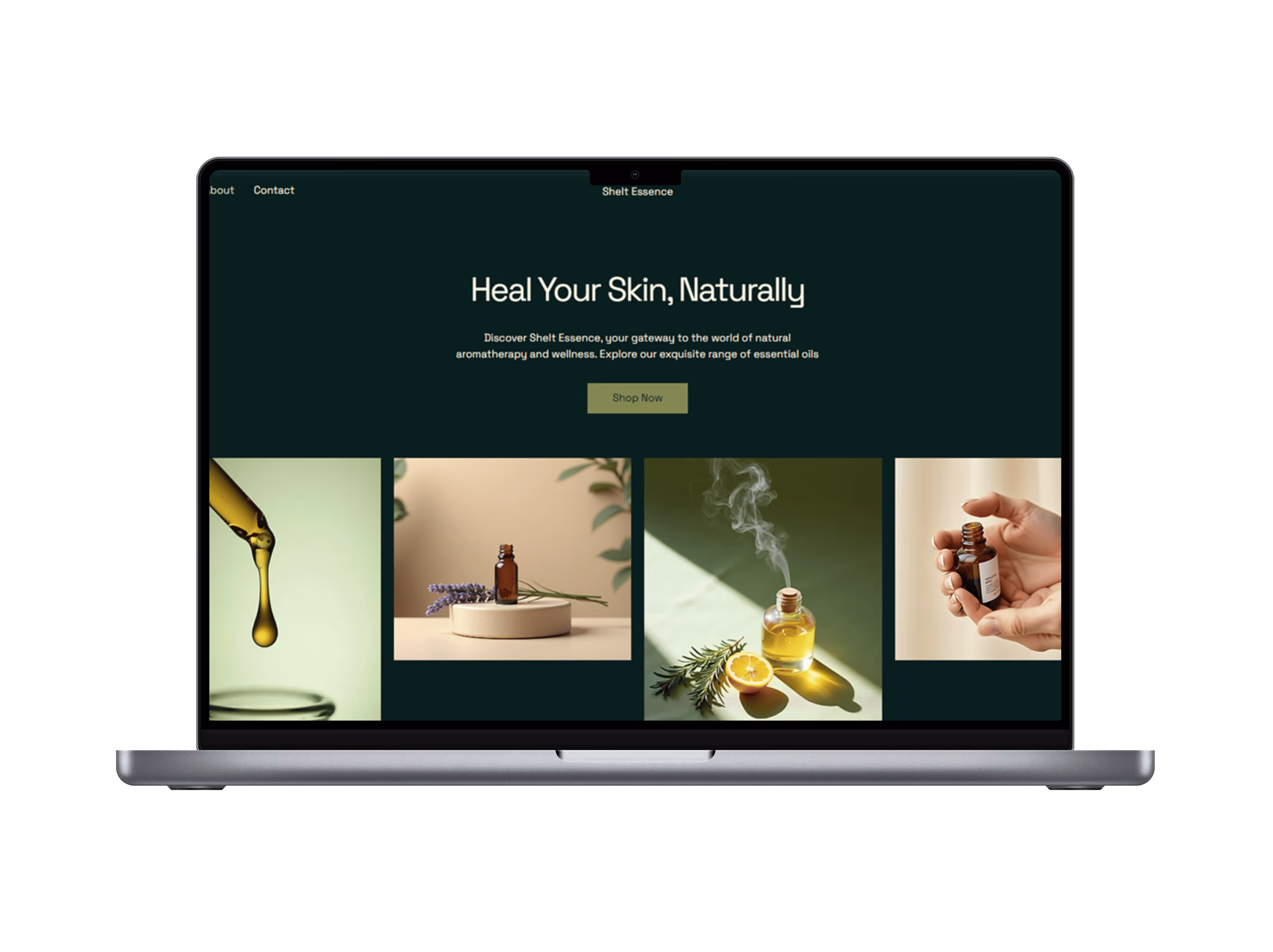 Shelt Essence natural skincare and essential oils website displayed on MacBook Pro mockup, showing dark green hero section with product photography gallery