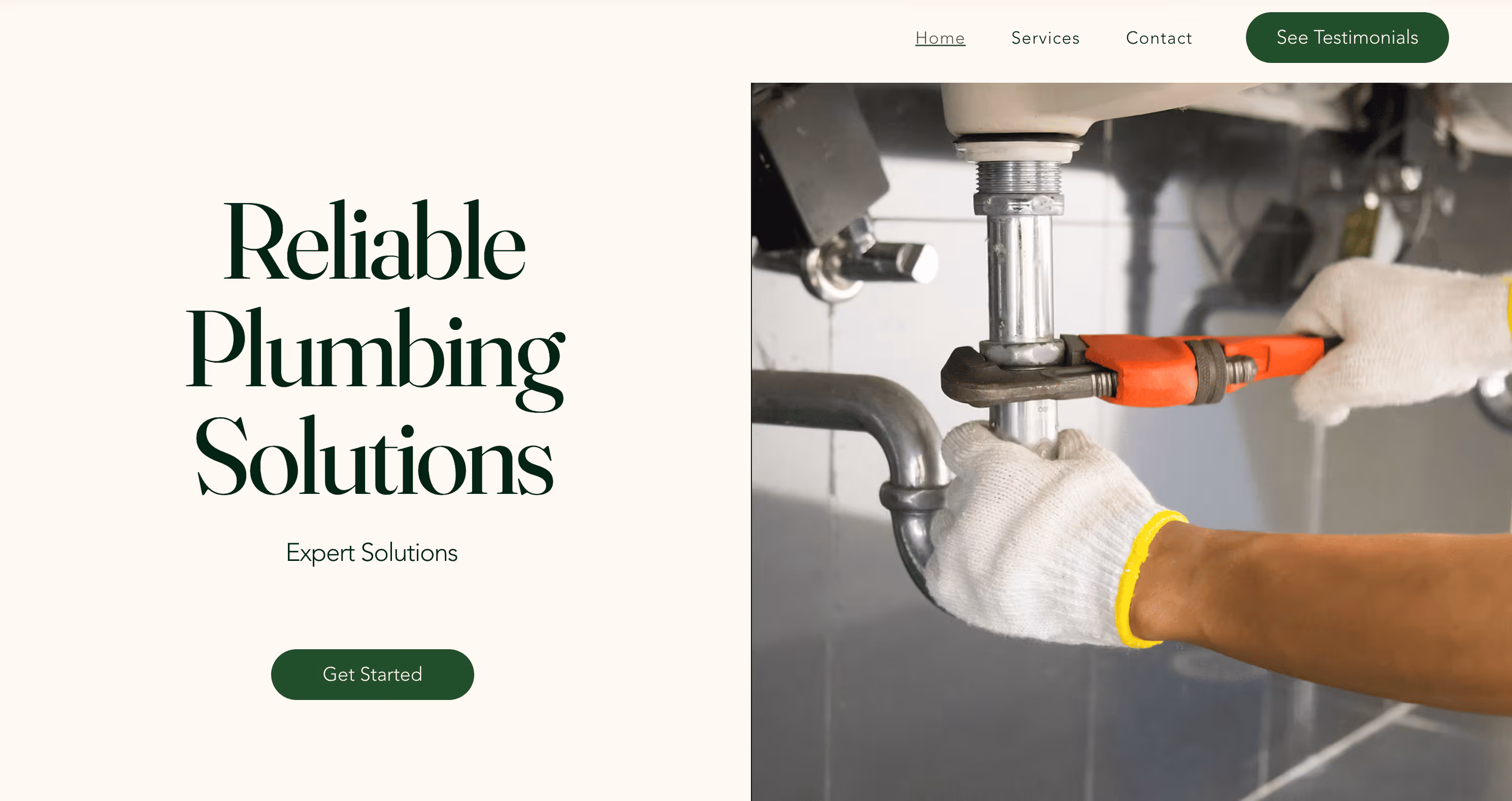 Plumbing business website homepage with cream background, dark green serif typography, and professional plumber working under sink photography
