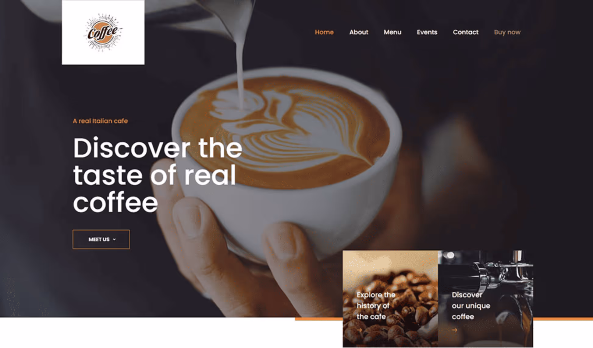 Coffee cafe website hero section with bold white headline over atmospheric latte pour photography and dual image cards for cafe history and menu