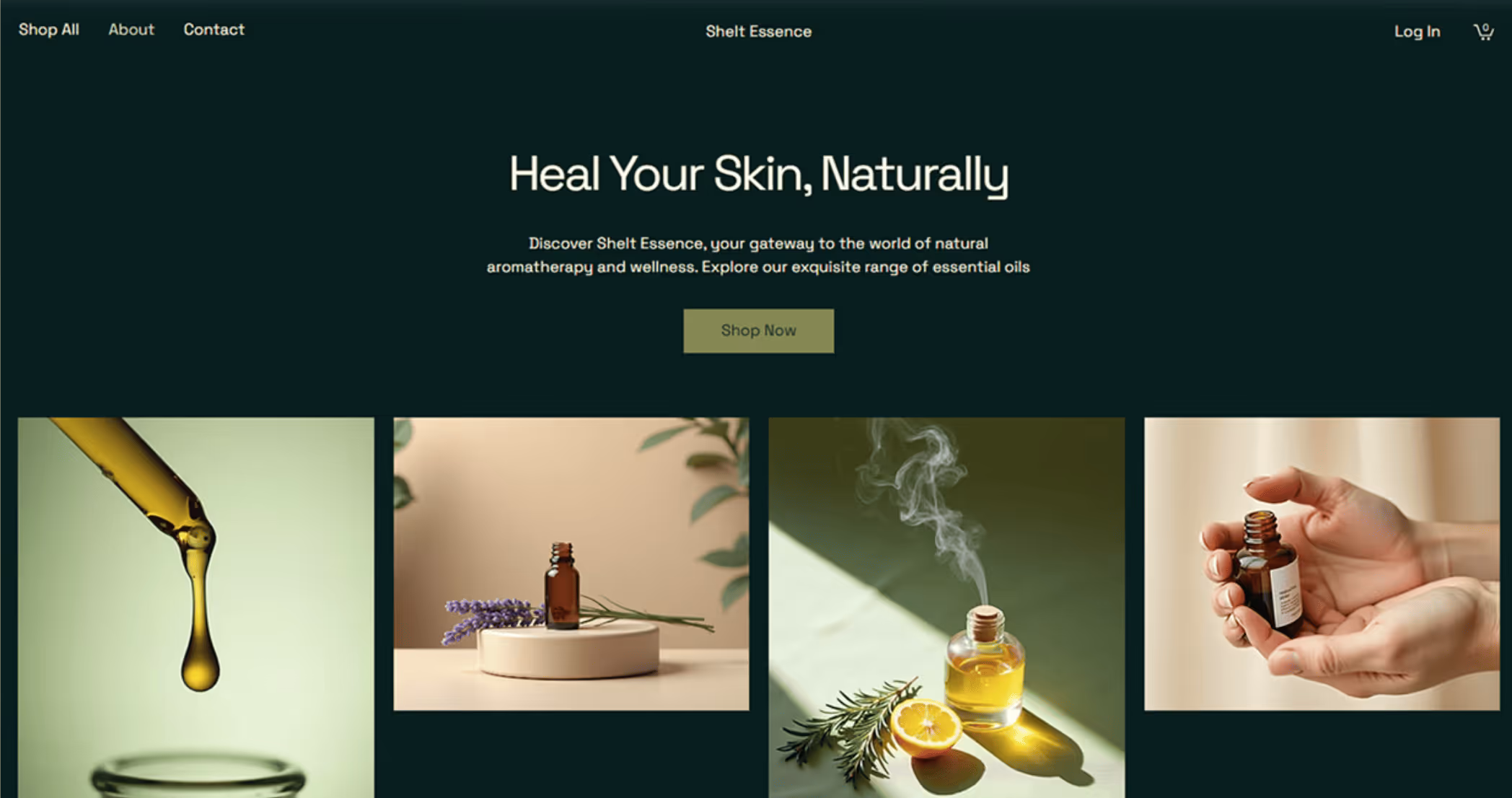 Shelt Essence aromatherapy and wellness website with dark green background, centred headline, and four-column essential oil product image grid