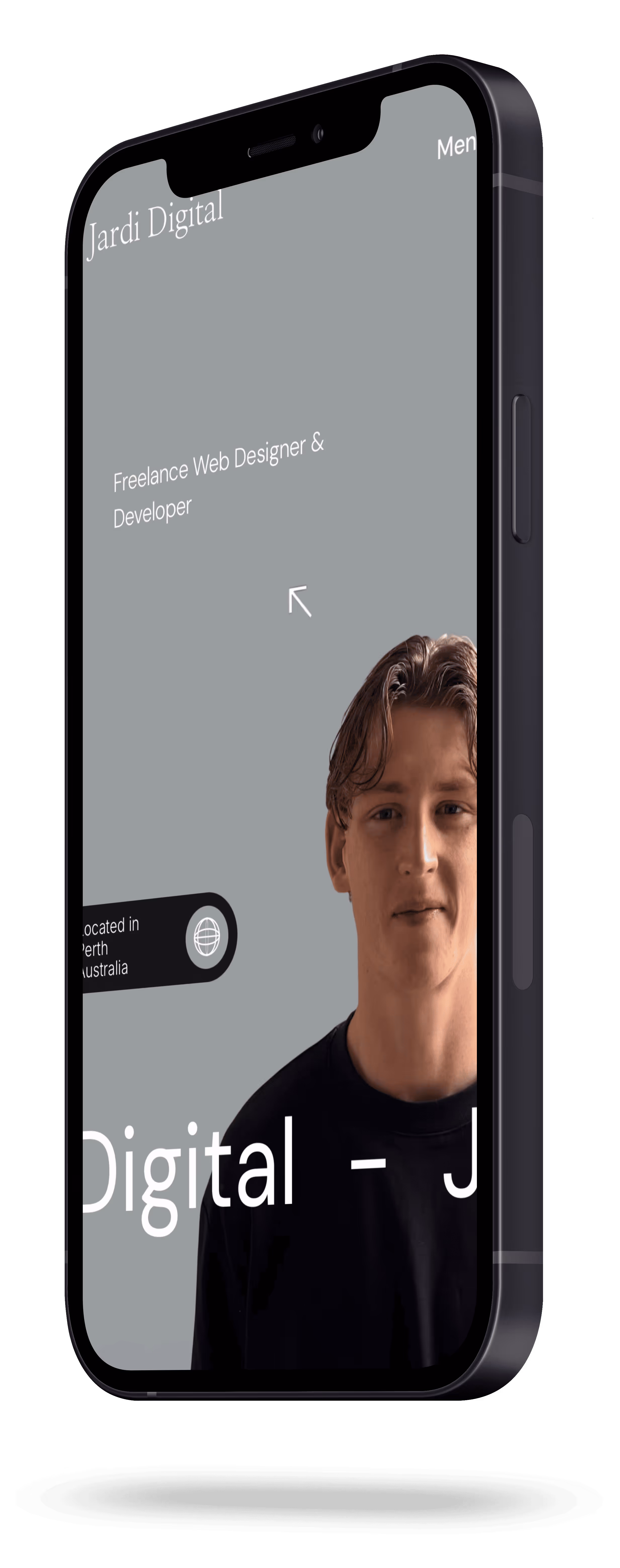 Jardi Digital freelance web design website displayed on iPhone mobile mockup, showing hero section with portrait photo and Perth Australia location tag