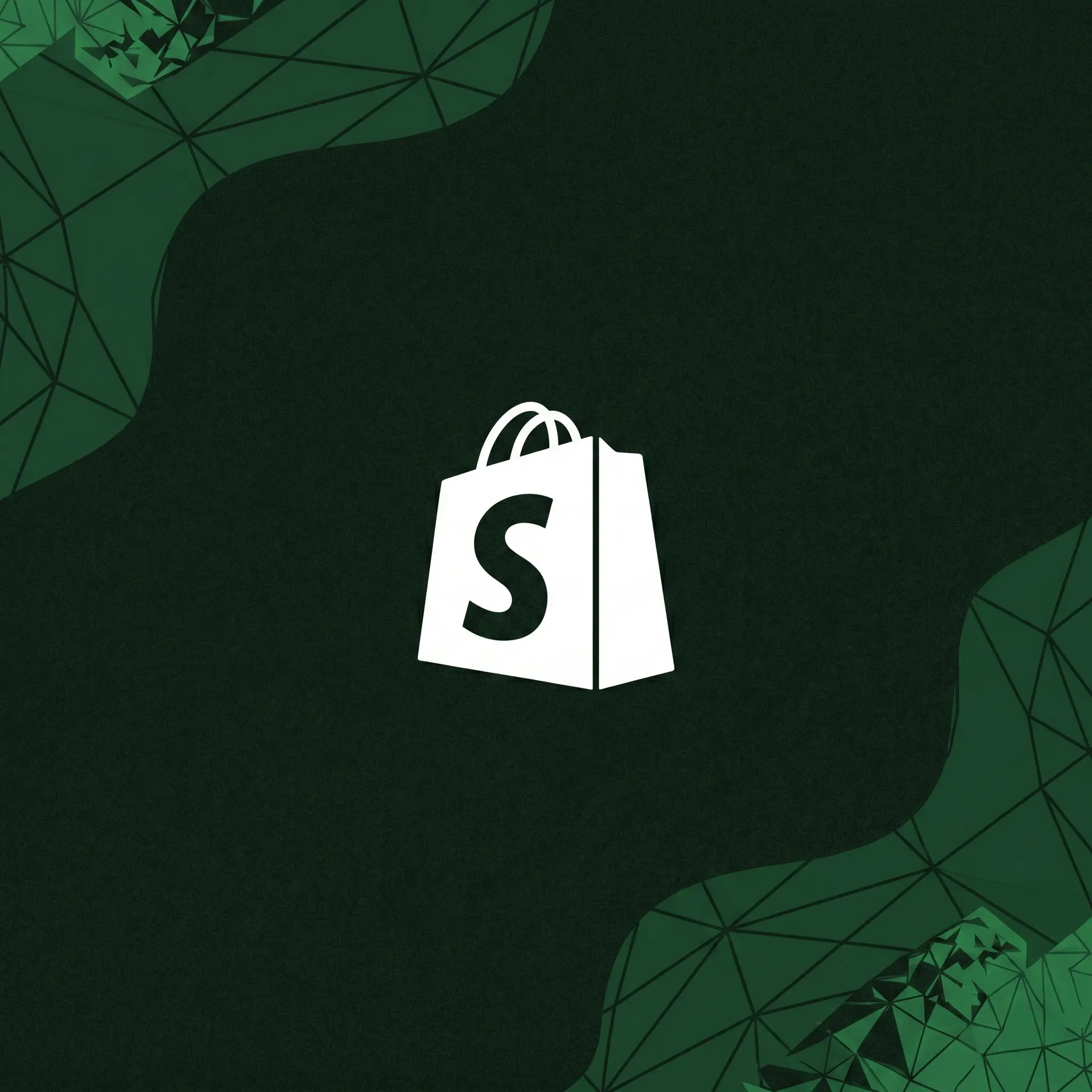 Shopify shopping bag logo in white on a dark green abstract geometric background.