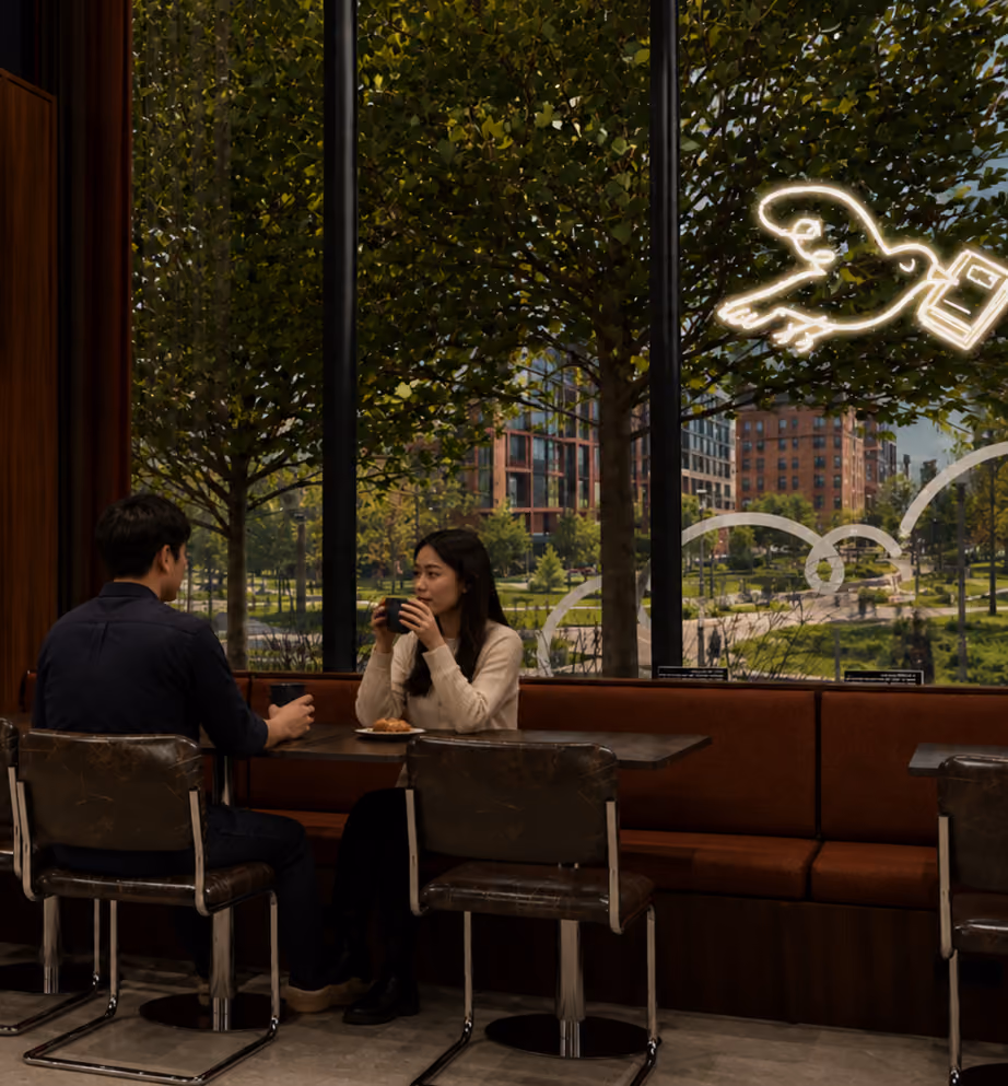 A man and woman sit at a table inside a cafe with large windows showing green trees and buildings outside; the woman holds a cup while the man gestures with his hands.