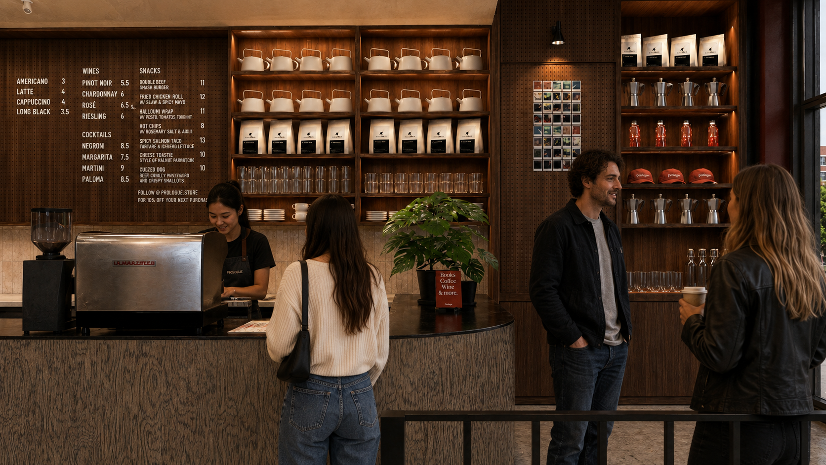 Customers order and chat in a modern coffee shop with wooden shelves and a menu on the wall.