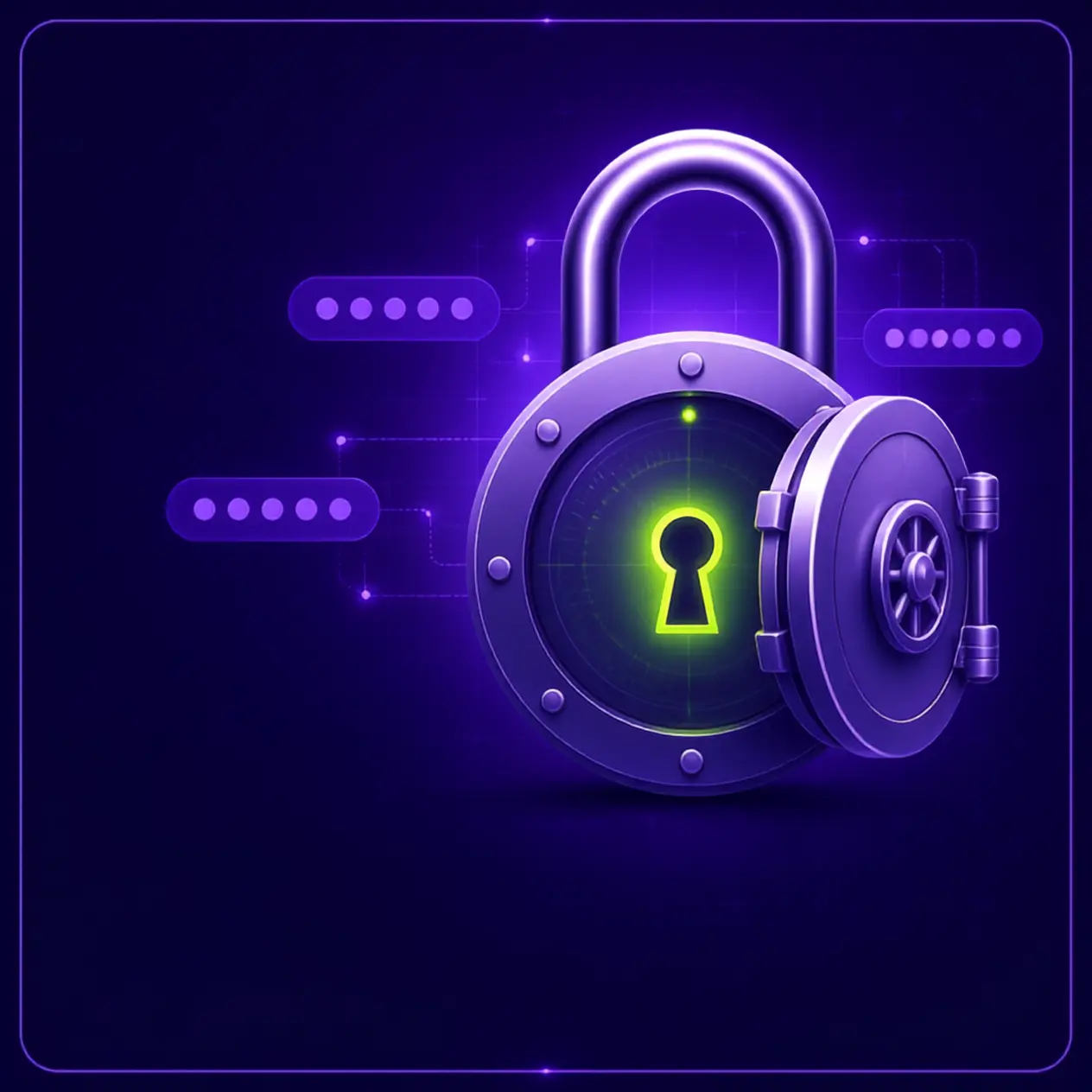 A purple lock with a keyhole that glows green and yellow, with a safe door in front of it