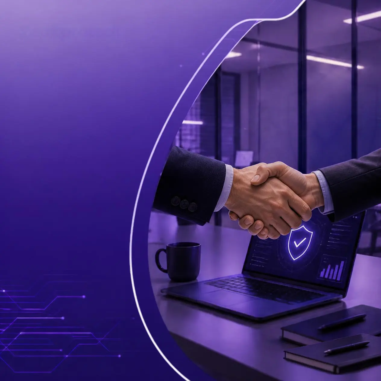 Twee mannen die elkaar de hand schudden over het uitbesteden van cybersecurity met op de achtergond een kantoor in paarse tinten
