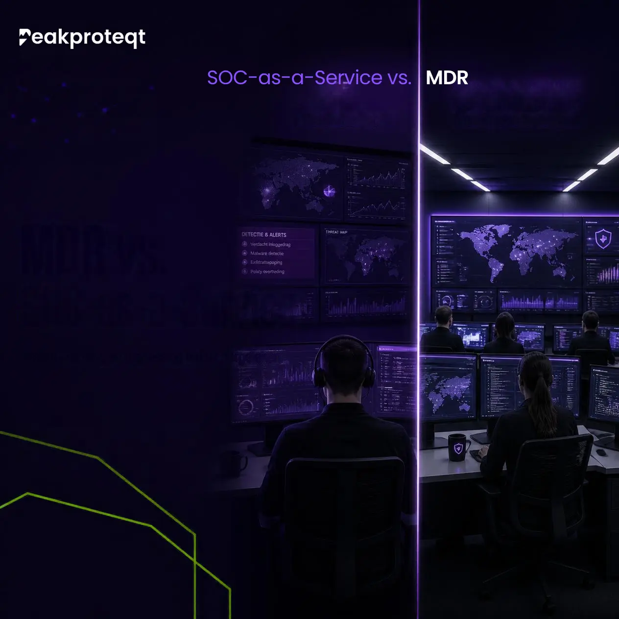 MDR versus SOC-as-a-Service afgebeeld met paarse tinten, aan de linker kant het SOC en aan de rechterkant MDR met daaronder specialisten die op schermen kijken om alles in de gaten te houden