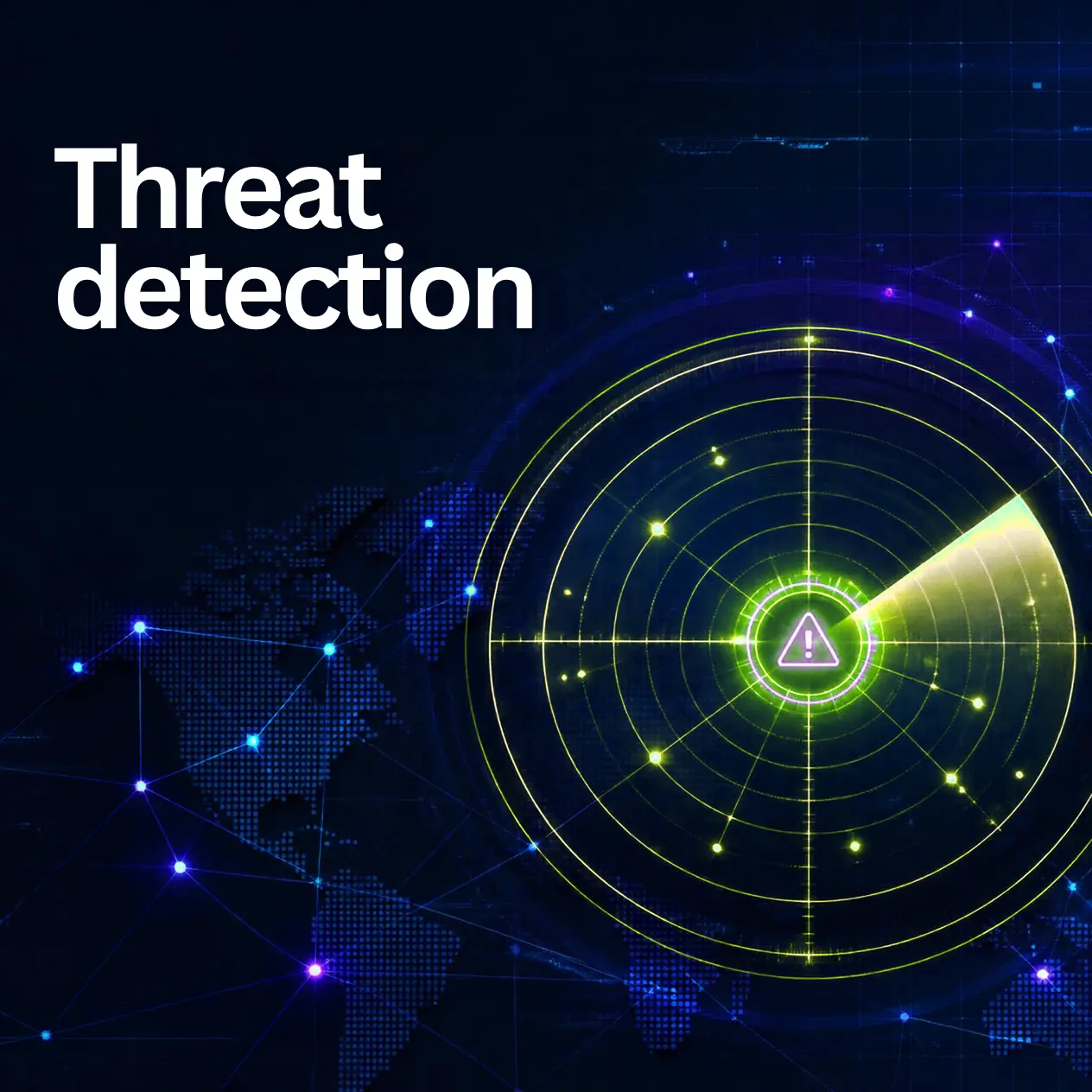 Threat detection als tekst in de linkerbovenhoek maar daarnaast een groene radar die op continu dreigingen signaleert met daarachter de wereldkaart