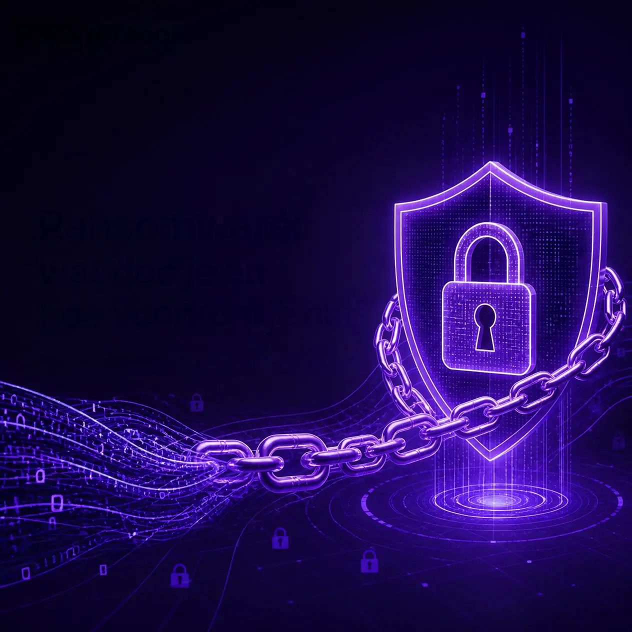 Een schild in het paars met daarin een slot en kettingen eromheen dat het gevoel geeft van geketend zijn door ransomware. Uit de kettingen stroomt data