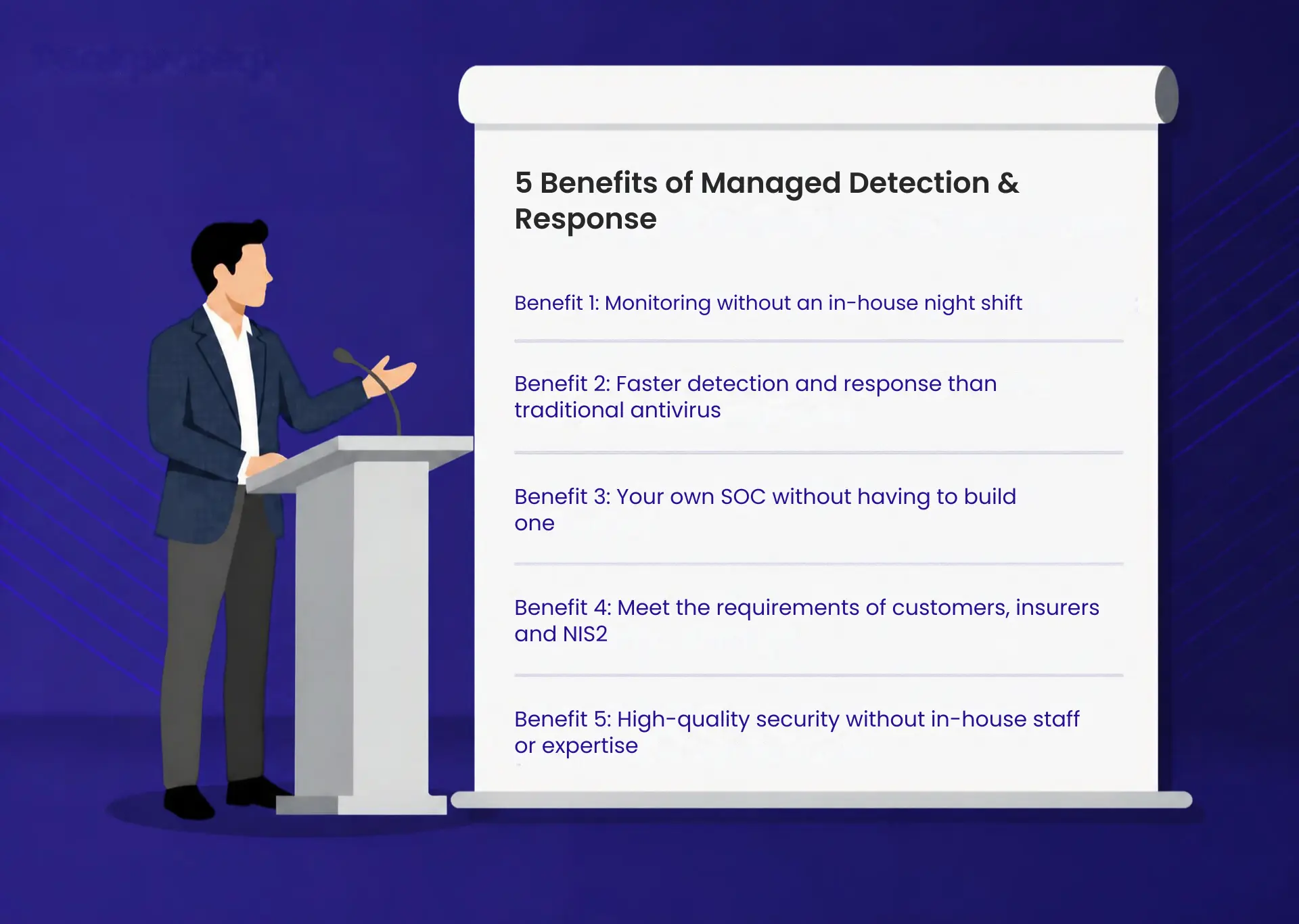 Infographic met de 5 voordelen van managed detection & response, van 24/7 monitoring zonder nachtdienst tot voldoen aan NIS2