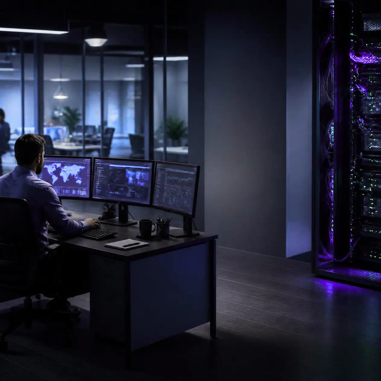 Een man achter een bureau die tegen een patchkast aankijkt en het netwerk veilig beheert
