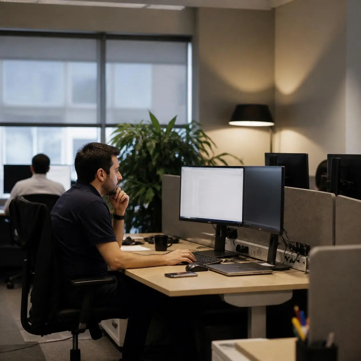 Medewerker SOC die kijkt naar de meldingen op zijn scherm