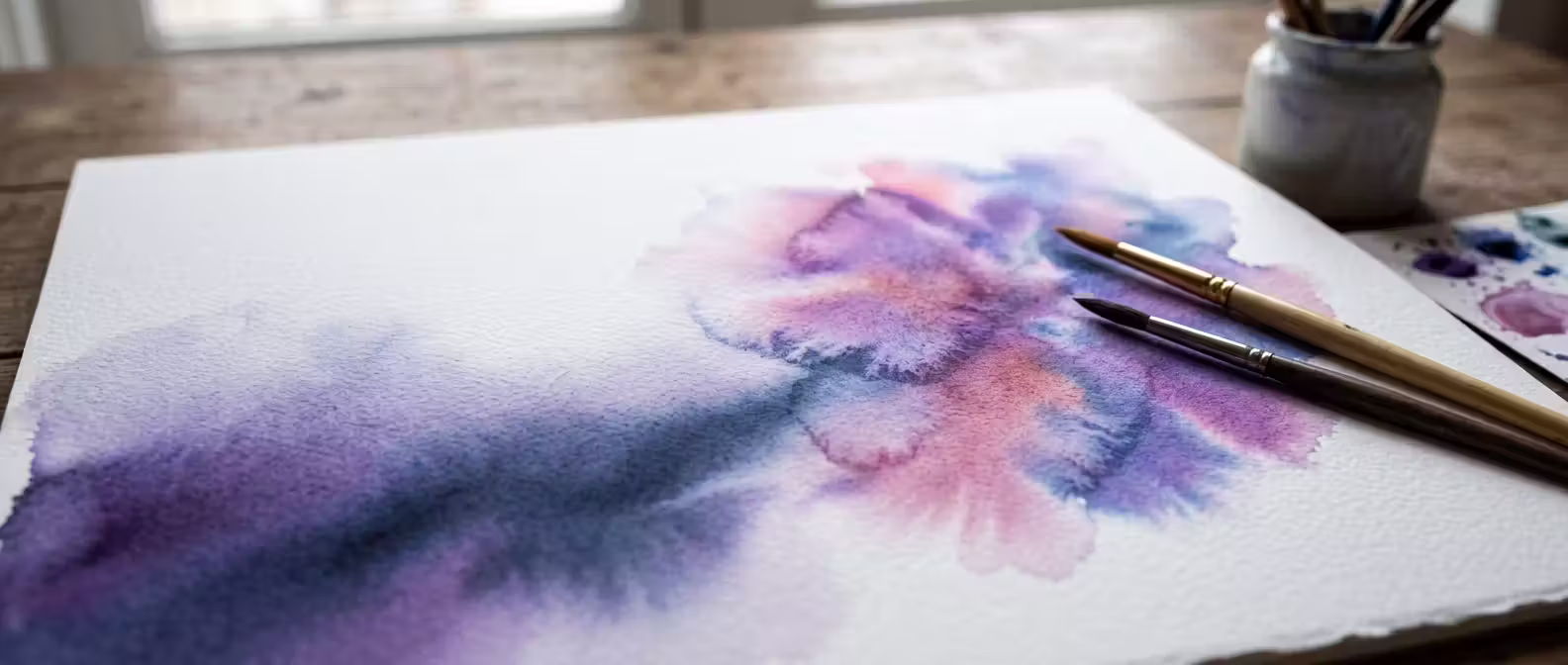 Close-up of a purple and pink watercolour flower on paper with two paintbrushes on top, a jar of brushes and a paint palette blurred in the background on a wooden table — hero banner for the counselling services page