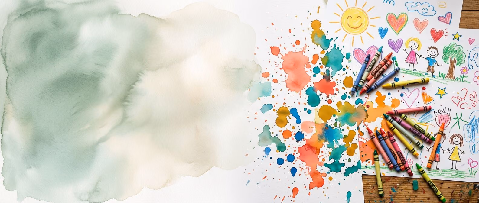 Colourful children's crayon drawings of a smiling sun, hearts, family figures and a tree, scattered with wax crayons and watercolour paint splashes, next to a soft green watercolour wash - hero banner for the About Ewa creative counsellor page.