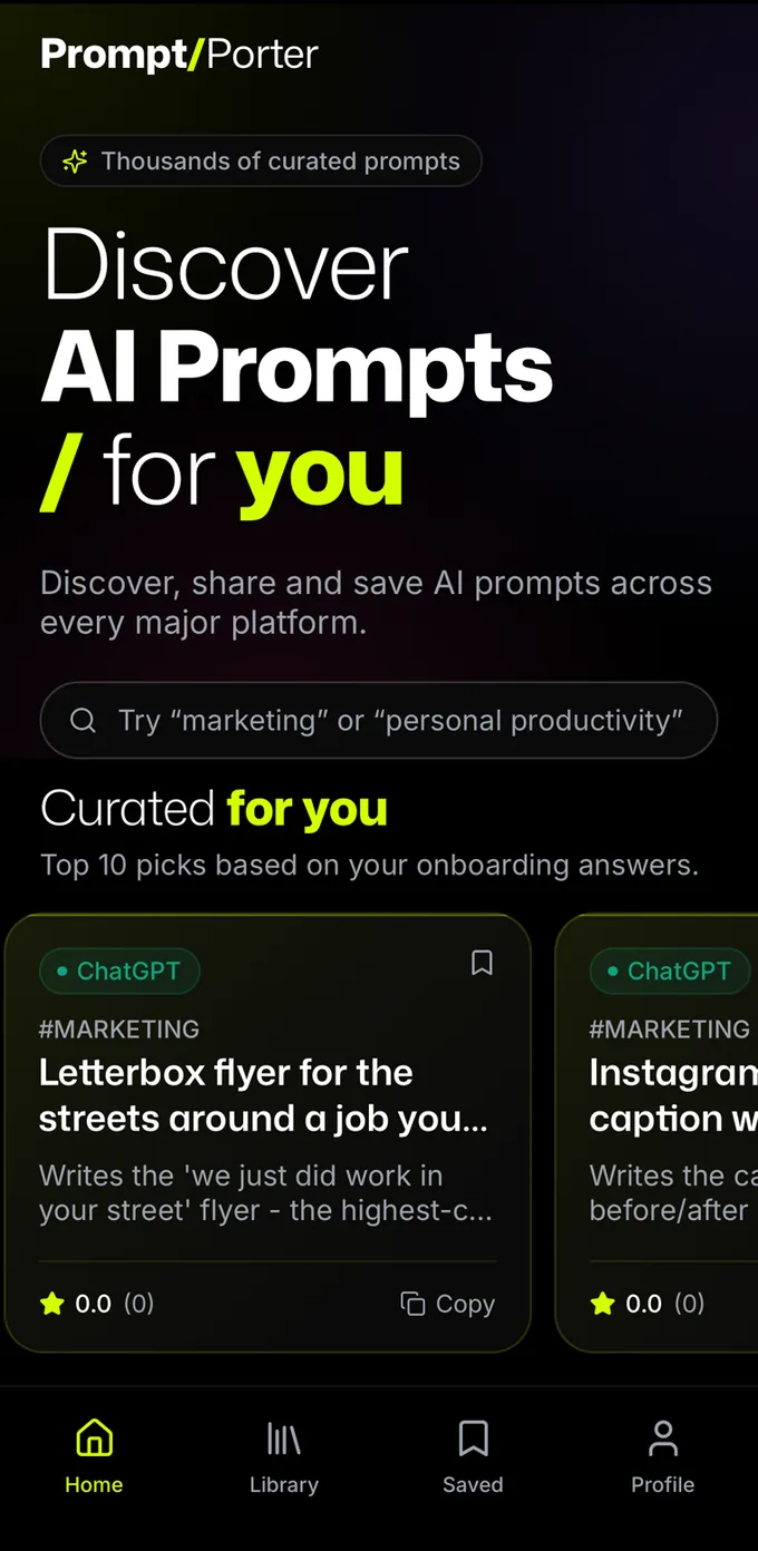Prompt Porter app - Discover AI prompts curated for you