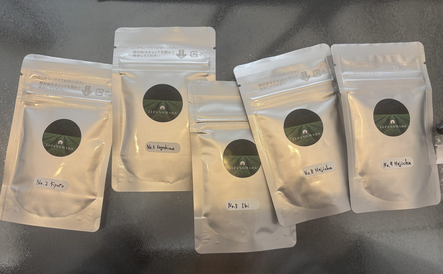 Resealable matcha packs labeled with named Japanese origins