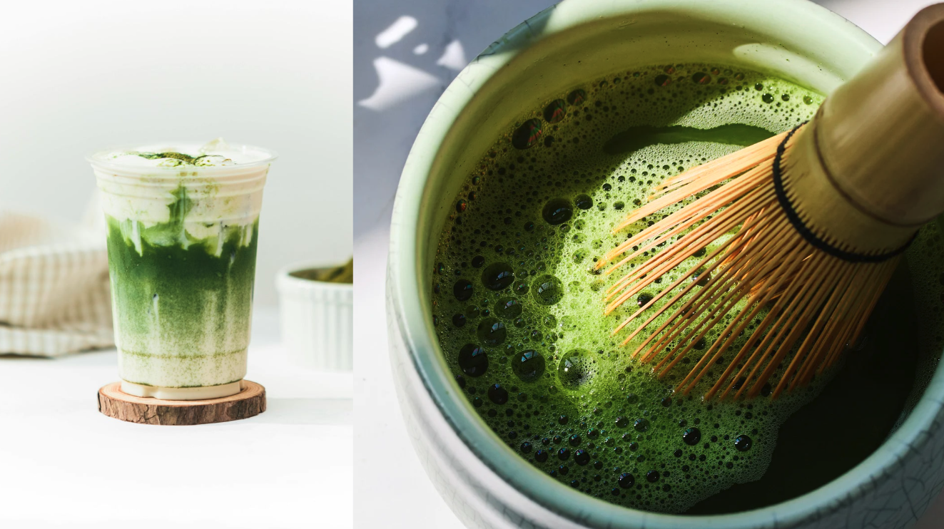 Two ways matcha is served: an iced matcha latte in a takeaway cup, and freshly whisked matcha with a bamboo whisk in a bowl.