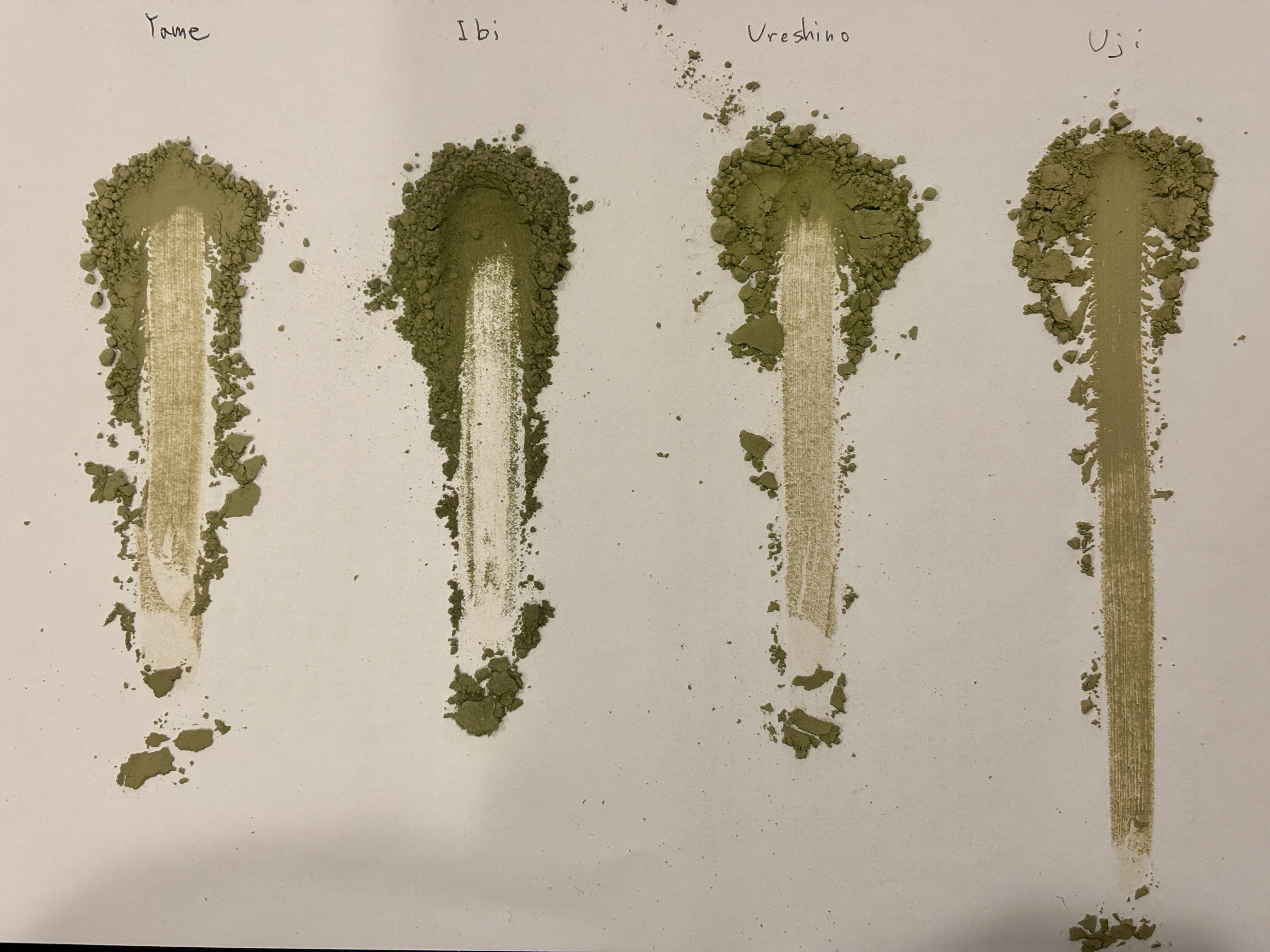 Dry matcha from Yame, Ibi, Ureshino, and Uji streaked side by side on white paper to compare colour.