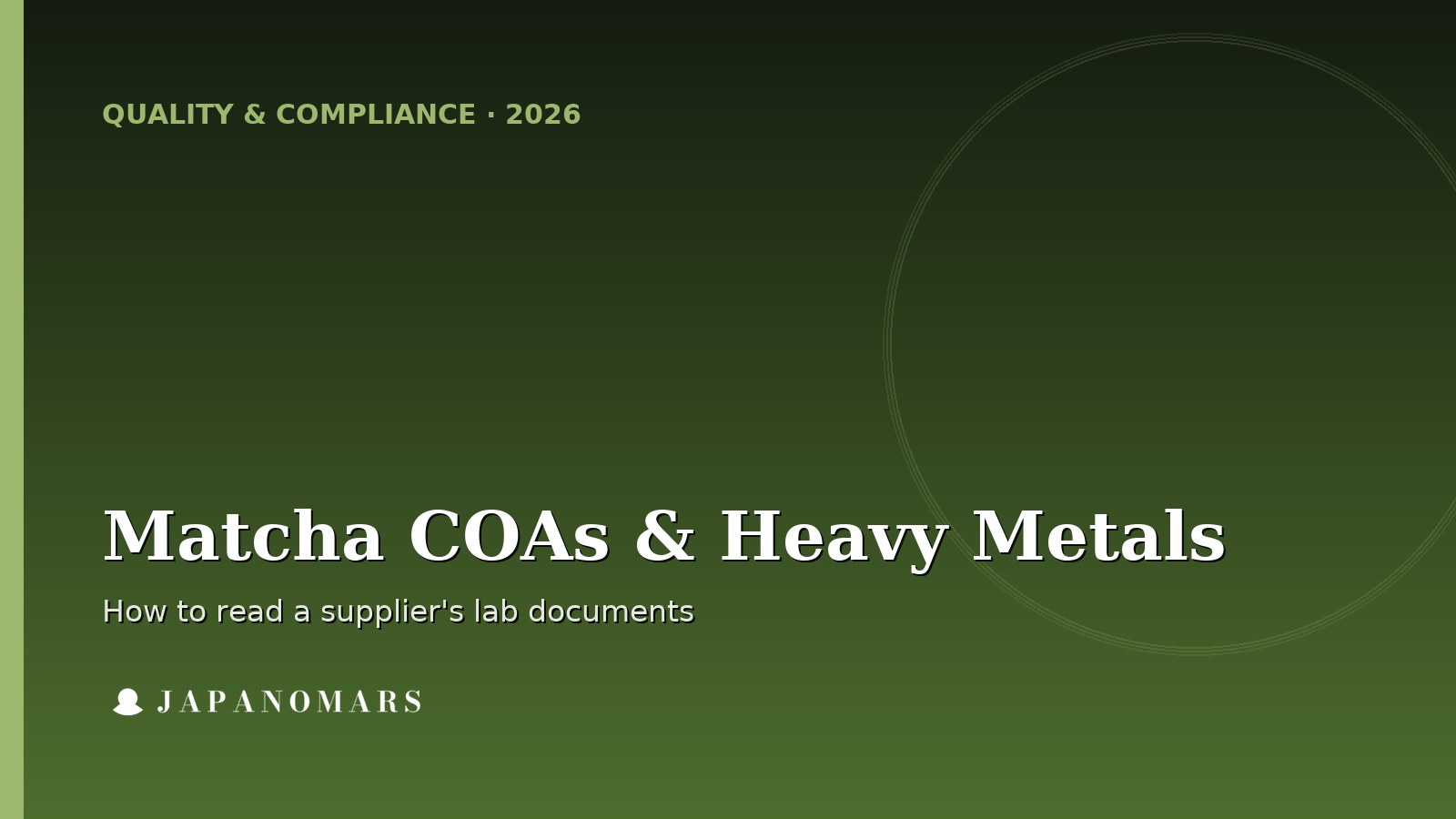 Branded Japanomars header: Matcha COAs, heavy metals, and lab testing, how to read supplier documents