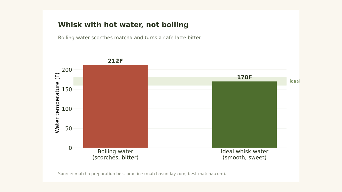 Chart comparing boiling water (212F) versus ideal whisk water (170F) for a matcha latte