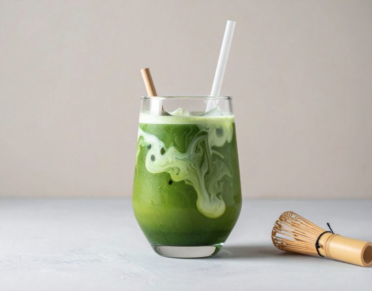An iced matcha latte in a glass with a bamboo chasen whisk beside it