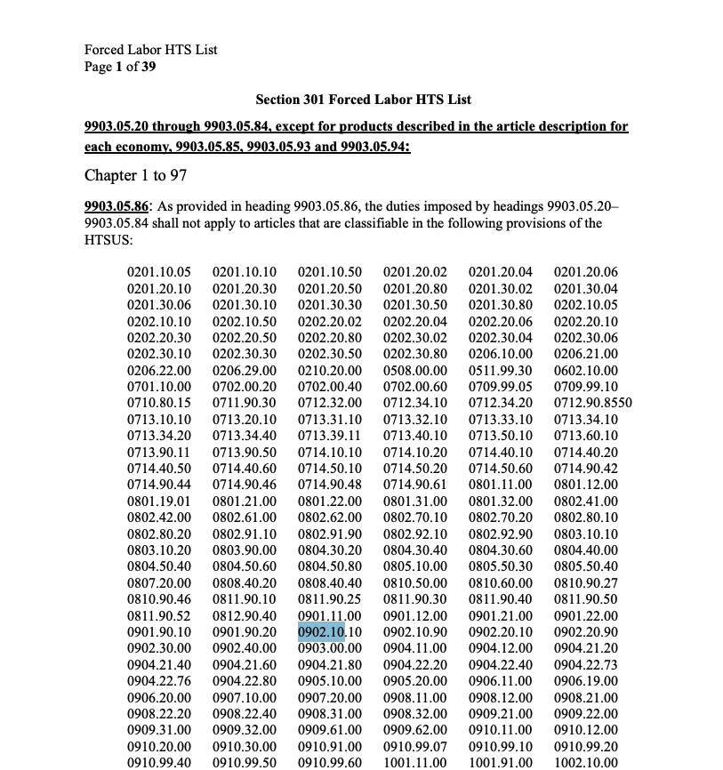 Page 1 of the CBP Section 301 Forced Labor HTS List, showing green tea code 0902.10.10 among the codes excluded under heading 9903.05.86