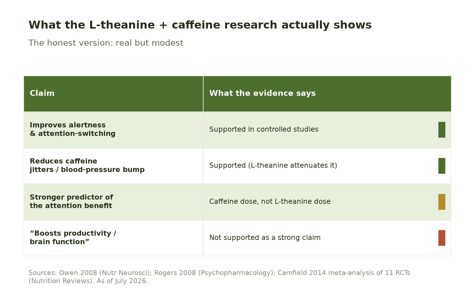 Table summarizing what the L-theanine and caffeine research shows: alertness and attention-switching are supported, caffeine jitters are reduced, caffeine dose rather than L-theanine dose is the stronger predictor of the attention benefit, and productivity or brain-function claims are not well supported.