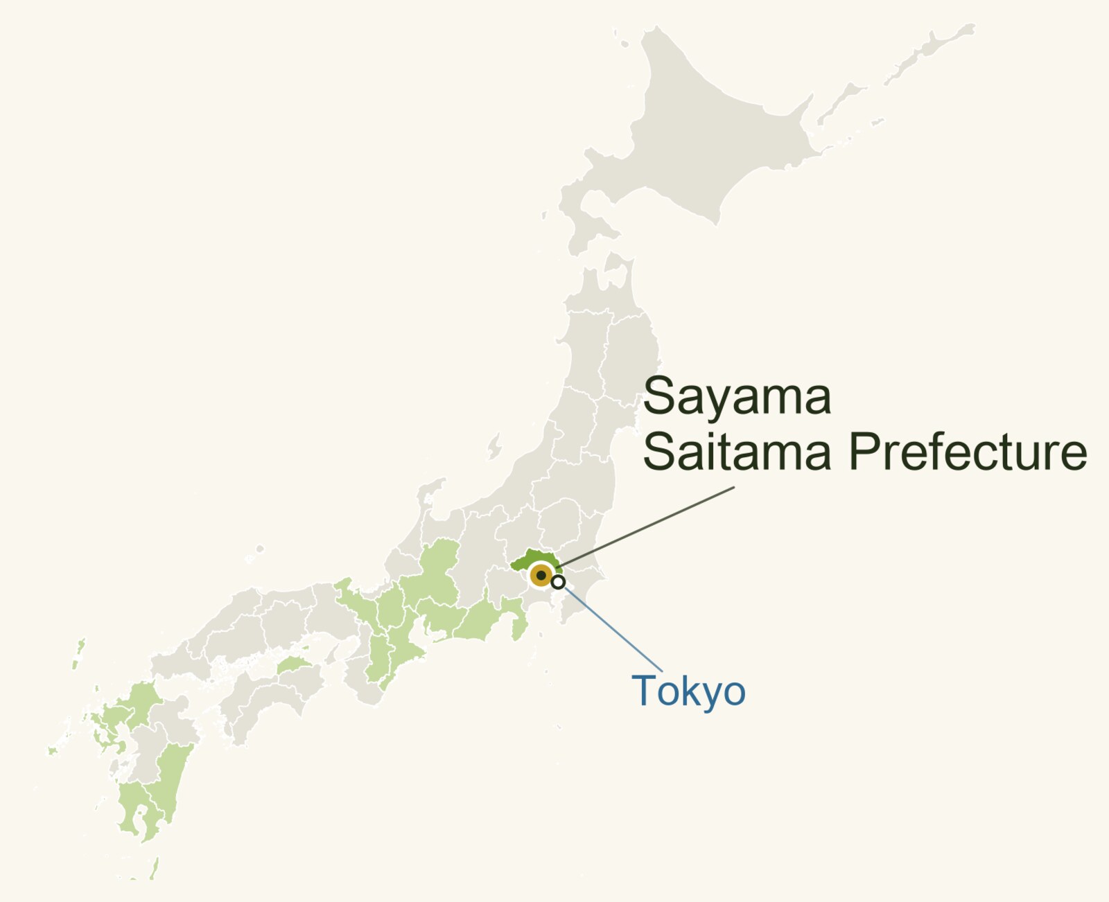 Map of Japan with tea-growing prefectures in green and Sayama in Saitama marked