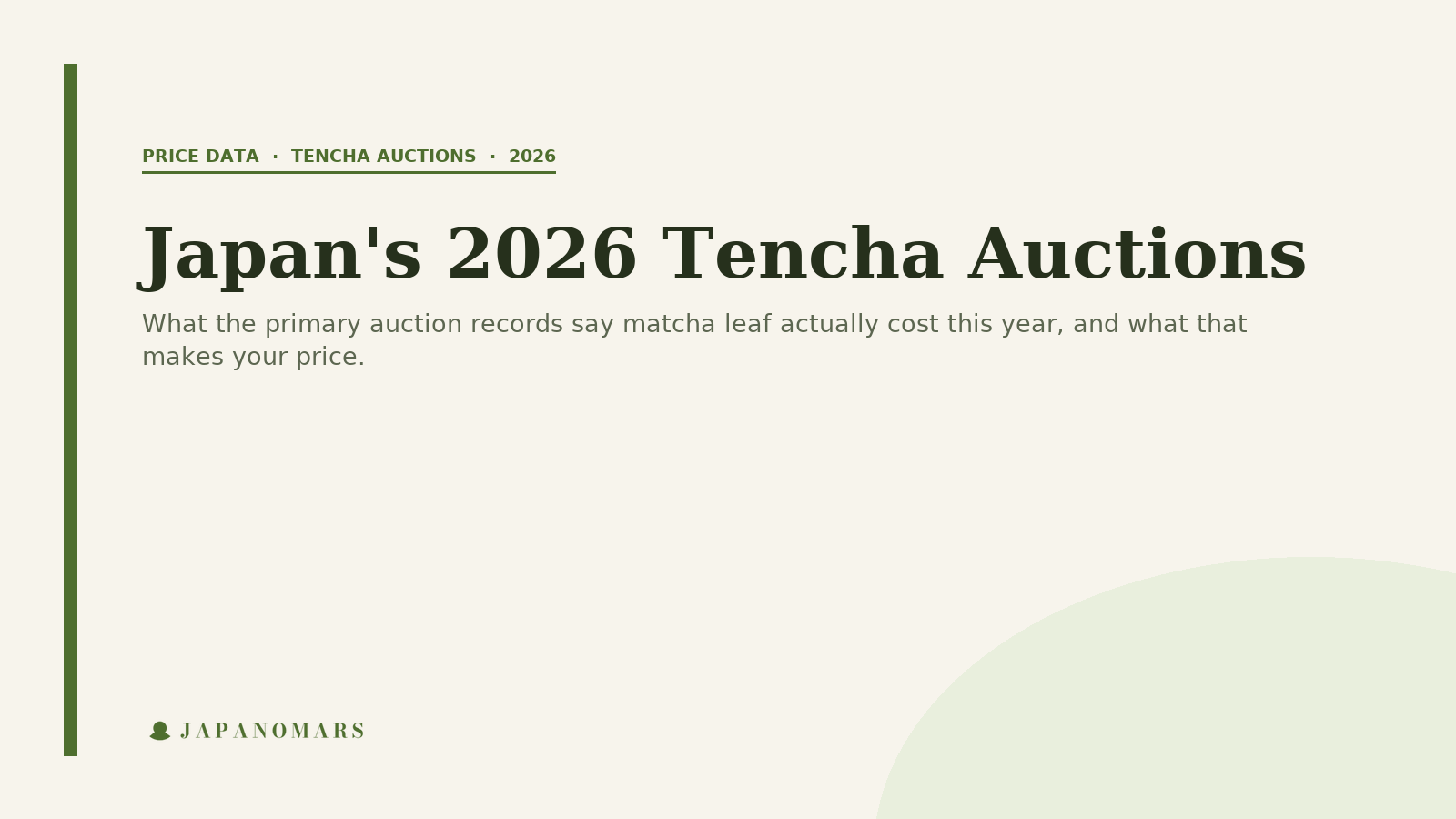 Japanomars insight cover reading Japan's 2026 Tencha Auctions, on a cream background with the Japanomars logo.
