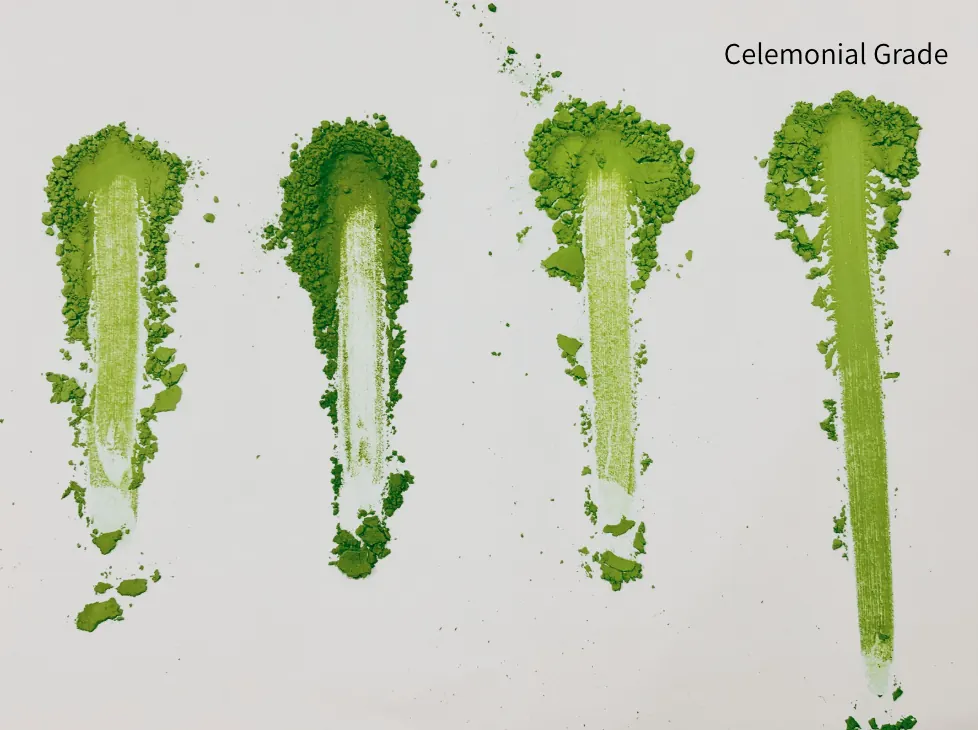 Four matcha powders smeared side by side to compare colour, ranging from dull olive green to the vivid green of ceremonial grade.