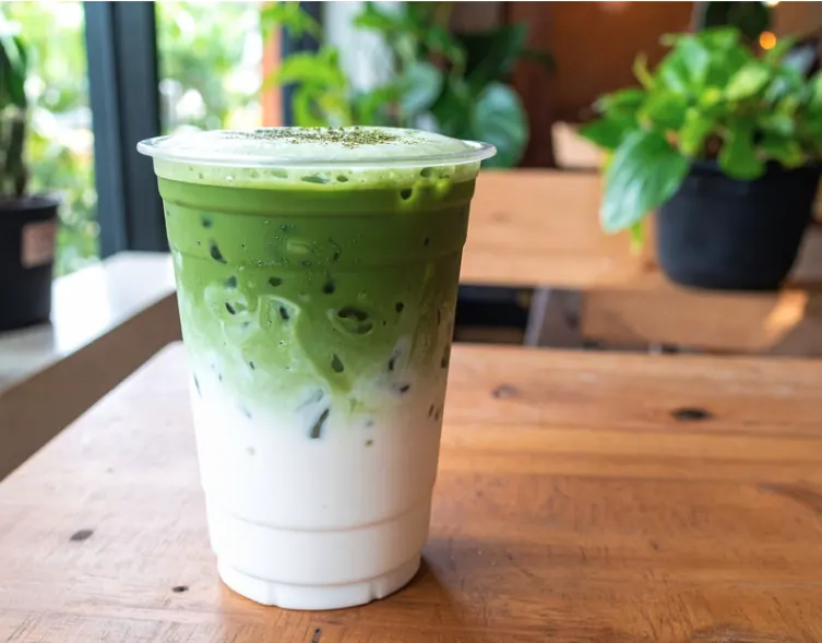 Iced matcha latte layered over milk in a clear takeaway cup on a wooden cafe table.