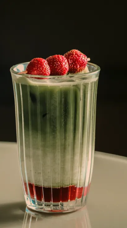 Layered strawberry matcha latte in a tall glass topped with fresh strawberries on a skewer.