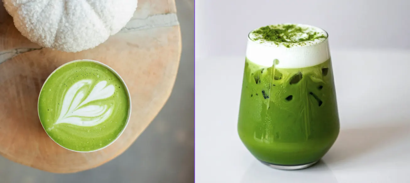 Hot matcha latte with rosetta latte art next to an iced matcha latte topped with foam.