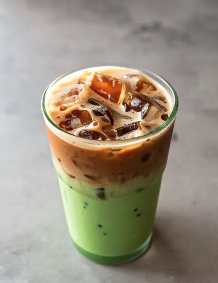 Iced dirty matcha latte with a shot of espresso poured over green matcha and milk in a tall glass.
