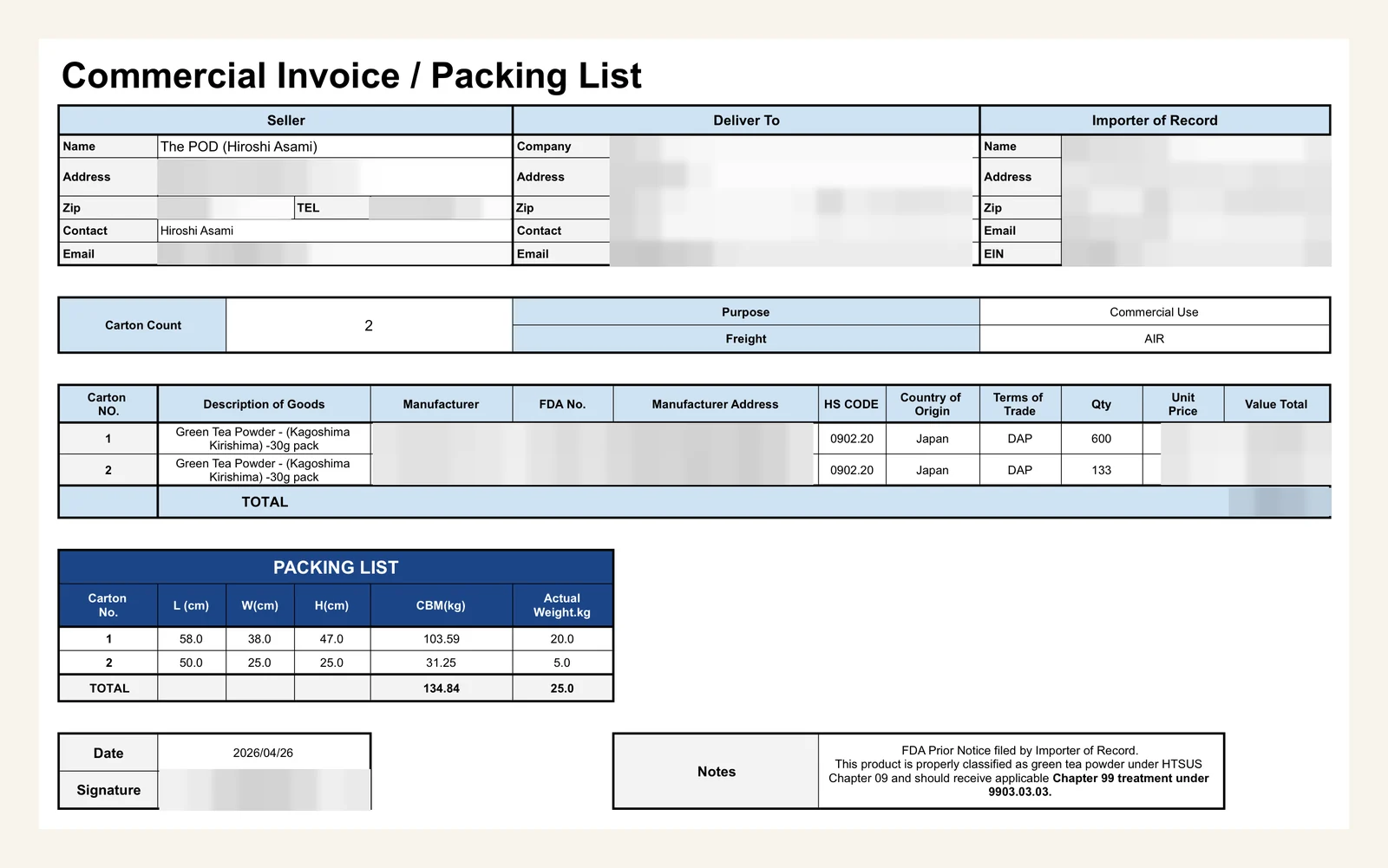 A commercial invoice and packing list for a Japanomars matcha shipment, with HS code 0902.20 and country of origin visible and names, addresses and prices redacted.