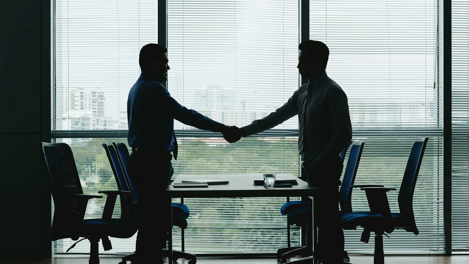 Two people shaking hands in an office