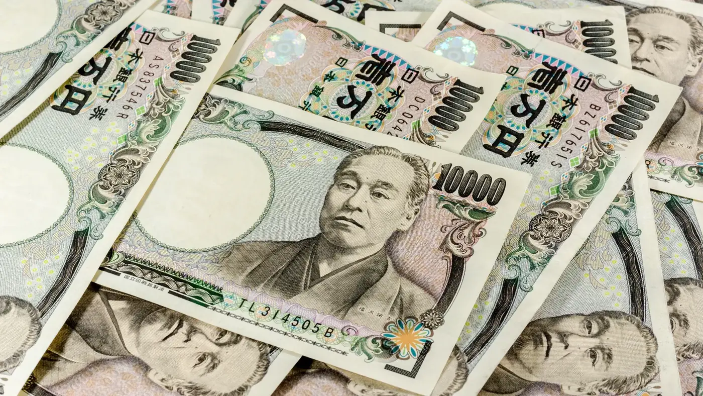 Japanese ten thousand yen notes spread out