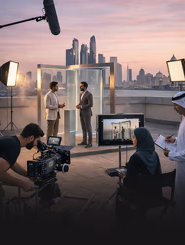 Film crew shooting a scene on location with city skyline in the background
