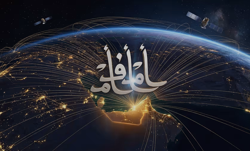 Aerial view of Earth at night with glowing city lights and MFM media logo