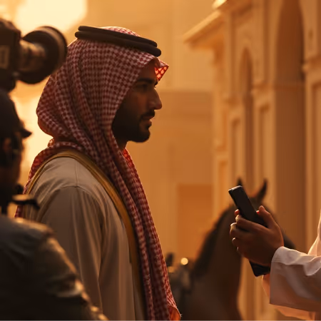 Arab filmmaker in traditional attire on a professional film production set