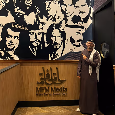 MFM Media event or exhibition booth with cinematic artwork display