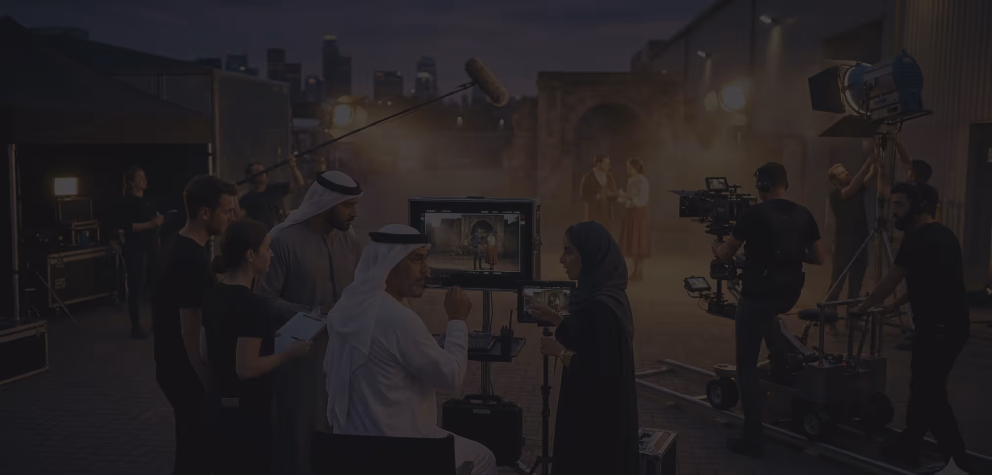 Professional film production studio with lighting equipment and camera setup
