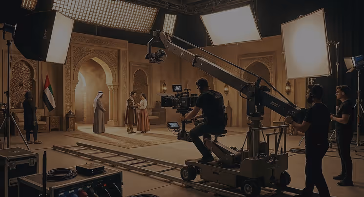 Professional film production studio with lighting equipment and camera setup