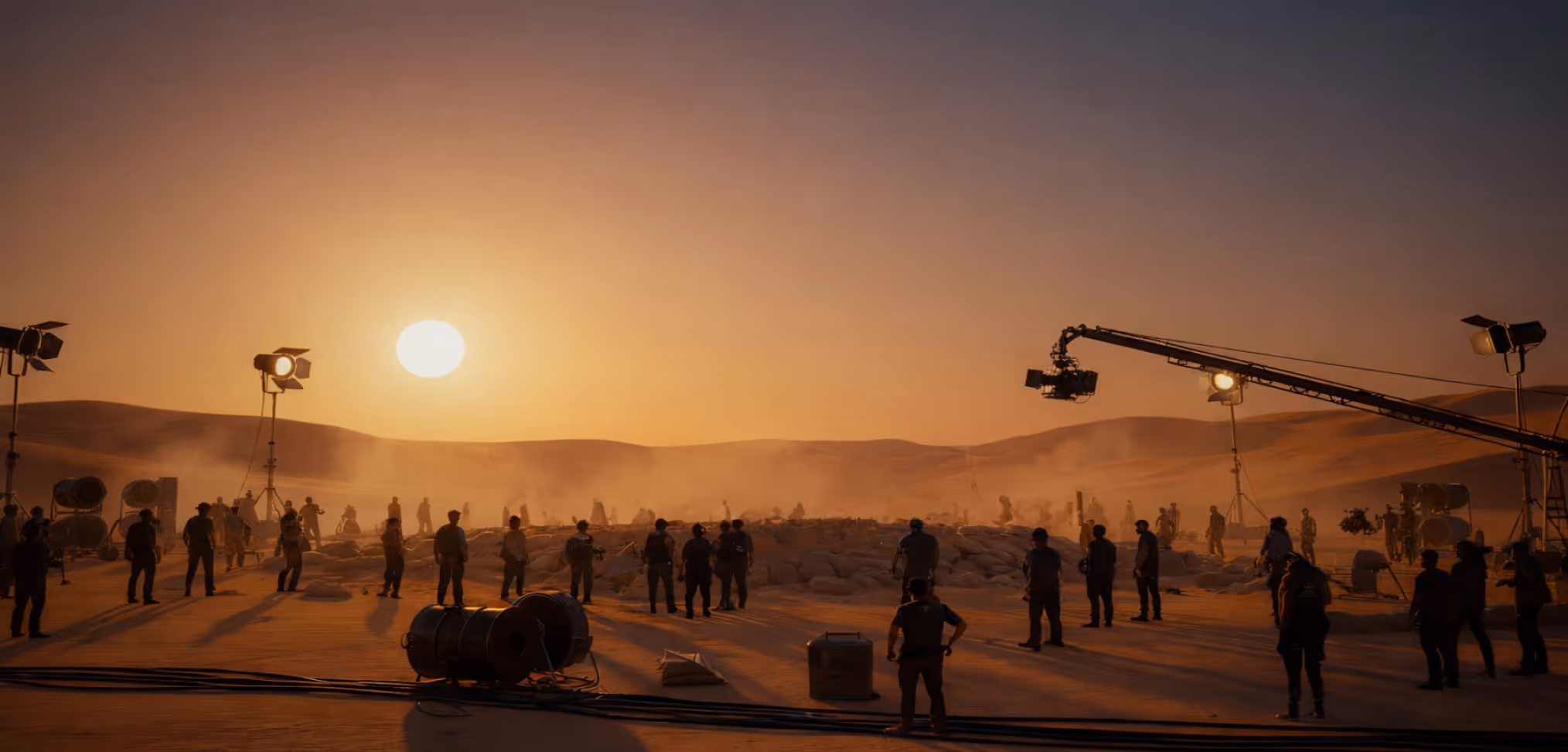 Film crew shooting a scene on a desert location at sunset with a camera crane
