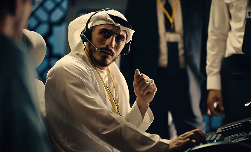 Arab man in traditional white thobe and keffiyeh wearing a headset working at a control panel in a professional setting