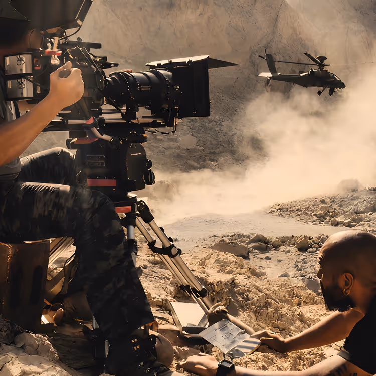 Film crew operating a professional cinema camera on a dramatic action scene with a military helicopter flying through smoke and dust