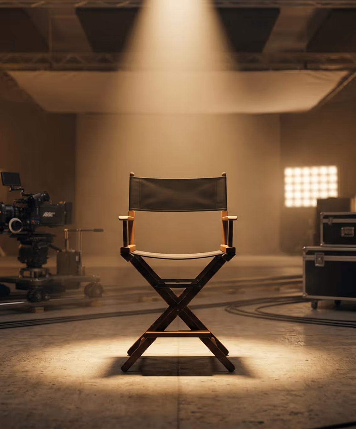Director's chair illuminated by a spotlight in a dimly lit film production studio