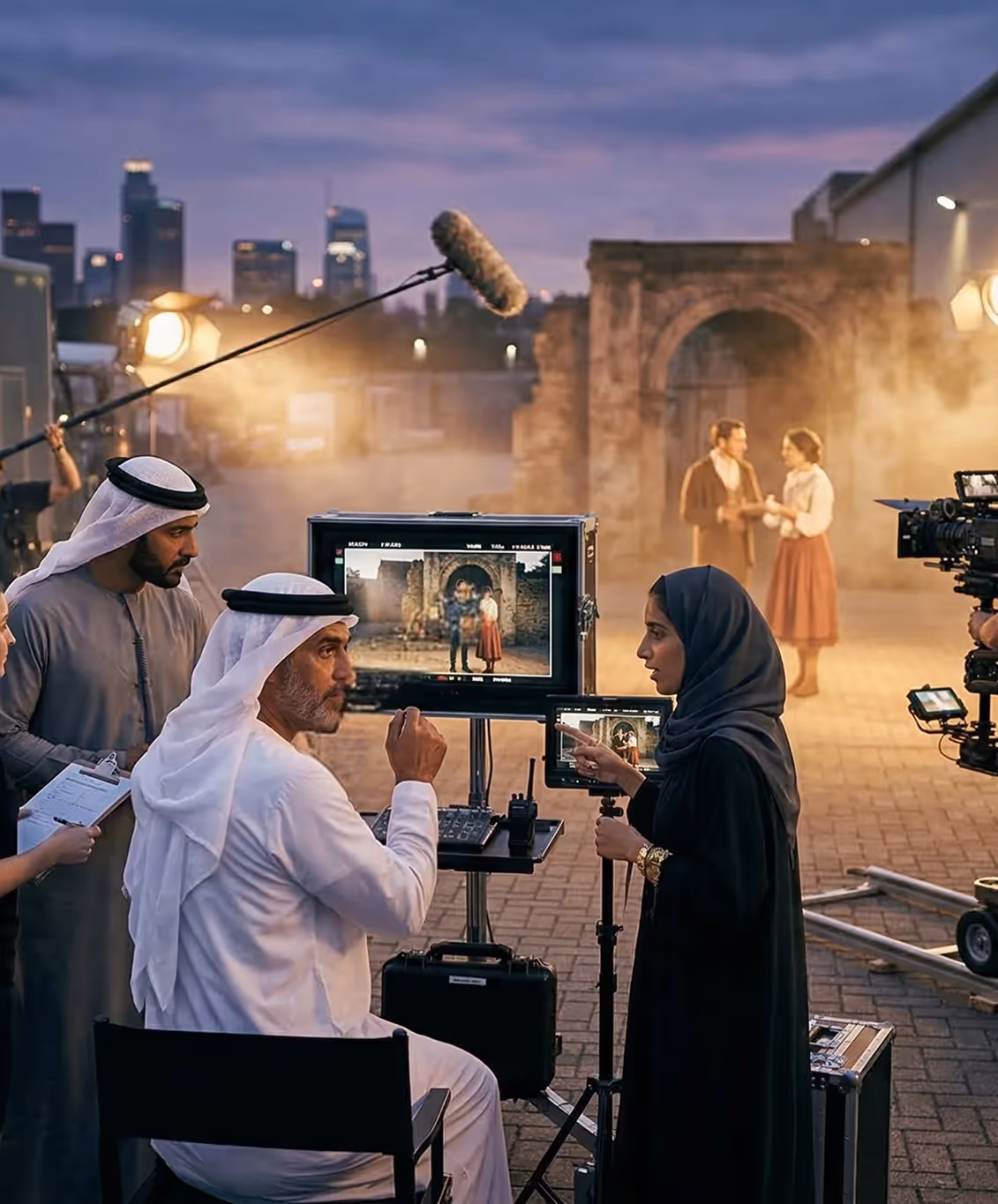 Film director and crew member reviewing footage on set in an urban Middle Eastern location